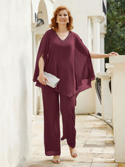 Pantsuit à Manches Flottantes Top en Mousseline Cabernet Grande Taille