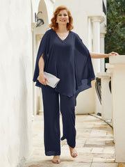 Pantsuit à Manches Flottantes Top en Mousseline Bleu Marine Grande Taille