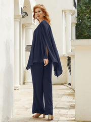 Pantsuit à Manches Flottantes Top en Mousseline Bleu Marine