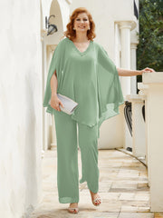 Pantsuit à Manches Flottantes Top en Mousseline Sauge Poudrée Grande Taille
