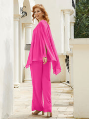 Pantsuit à Manches Flottantes Top en Mousseline Fuchsia Grande Taille