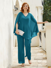 Pantsuit à Manches Flottantes Top en Mousseline Bleu Encre Grande Taille
