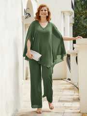 Pantsuit à Manches Flottantes Top en Mousseline Olive Verte