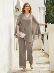 Pantsuit à Manches Flottantes Top en Mousseline Taupe Grande Taille