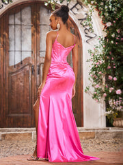 Maxi Robe Fourreau en Satin Extensible à Bretelles Spaghetti avec Fente Azalée