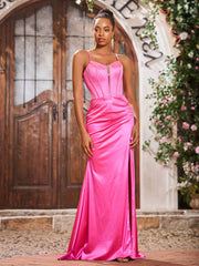 Maxi Robe Fourreau en Satin Extensible à Bretelles Spaghetti avec Fente Azalée