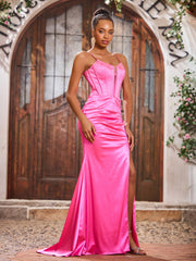 Maxi Robe Fourreau en Satin Extensible à Bretelles Spaghetti avec Fente Azalée