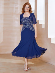 Robe à Encolure Carrée en Mousseline Longueur de Mollet avec Perles Bleu Marine Clair Grande Taille