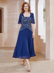 Robe à Encolure Carrée en Mousseline Longueur de Mollet avec Perles Bleu Marine Clair Grande Taille