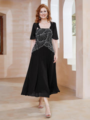 Robe à Encolure Carrée en Mousseline Longueur de Mollet avec Perles Noir Grande Taille