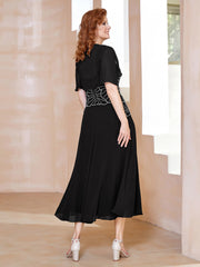 Robe à Encolure Carrée en Mousseline Longueur de Mollet avec Perles Noir Grande Taille