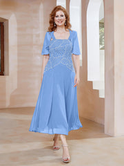 Robe à Encolure Carrée en Mousseline Longueur de Mollet avec Perles Bleu Grande Taille