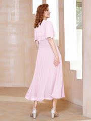 Robe à Encolure Carrée en Mousseline Longueur de Mollet avec Perles Rose Pâle Grande Taille