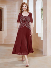Robe à Encolure Carrée en Mousseline Longueur de Mollet avec Perles Bordeaux Grande Taille