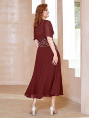 Robe à Encolure Carrée en Mousseline Longueur de Mollet avec Perles Bordeaux