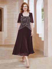 Robe à Encolure Carrée en Mousseline Longueur de Mollet avec Perles Cabernet