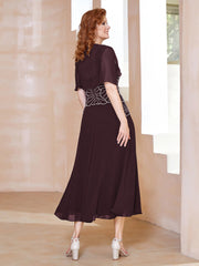 Robe à Encolure Carrée en Mousseline Longueur de Mollet avec Perles Cabernet