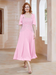 Robe à Encolure Carrée en Mousseline Longueur de Mollet avec Perles Rose Bonbon