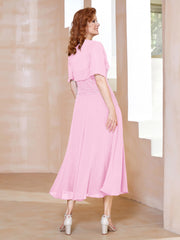 Robe à Encolure Carrée en Mousseline Longueur de Mollet avec Perles Rose Bonbon