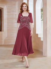 Robe à Encolure Carrée en Mousseline Longueur de Mollet avec Perles Cannelle Rose