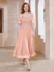Robe à Encolure Carrée en Mousseline Longueur de Mollet avec Perles Corail