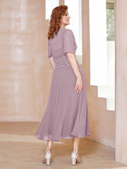 Robe à Encolure Carrée en Mousseline Longueur de Mollet avec Perles Dusk Grande Taille