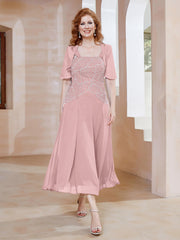 Robe à Encolure Carrée en Mousseline Longueur de Mollet avec Perles Rose Poudré