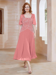 Robe à Encolure Carrée en Mousseline Longueur de Mollet avec Perles Flamant