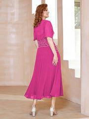 Robe à Encolure Carrée en Mousseline Longueur de Mollet avec Perles Fuchsia