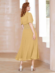 Robe à Encolure Carrée en Mousseline Longueur de Mollet avec Perles Or