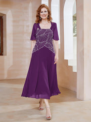 Robe à Encolure Carrée en Mousseline Longueur de Mollet avec Perles Raisin