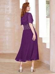 Robe à Encolure Carrée en Mousseline Longueur de Mollet avec Perles Raisin