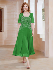 Robe à Encolure Carrée en Mousseline Longueur de Mollet avec Perles Vert