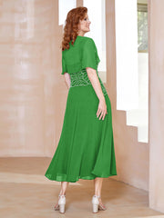 Robe à Encolure Carrée en Mousseline Longueur de Mollet avec Perles Vert
