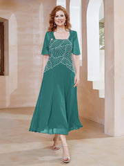 Robe à Encolure Carrée en Mousseline Longueur de Mollet avec Perles Jade Grande Taille
