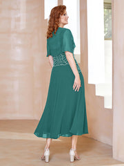 Robe à Encolure Carrée en Mousseline Longueur de Mollet avec Perles Jade