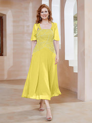 Robe à Encolure Carrée en Mousseline Longueur de Mollet avec Perles Citron Grande Taille