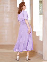 Robe à Encolure Carrée en Mousseline Longueur de Mollet avec Perles Lilas