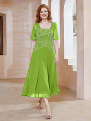 Robe à Encolure Carrée en Mousseline Longueur de Mollet avec Perles Vert Citron