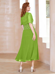 Robe à Encolure Carrée en Mousseline Longueur de Mollet avec Perles Vert Citron