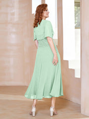 Robe à Encolure Carrée en Mousseline Longueur de Mollet avec Perles Vert Menthe Grande Taille