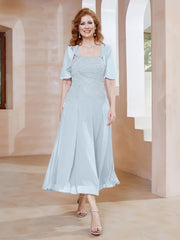 Robe à Encolure Carrée en Mousseline Longueur de Mollet avec Perles Brume Grande Taille