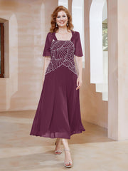 Robe à Encolure Carrée en Mousseline Longueur de Mollet avec Perles Mûre Grande Taille
