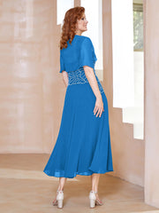 Robe à Encolure Carrée en Mousseline Longueur de Mollet avec Perles Bleu Océan