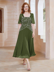 Robe à Encolure Carrée en Mousseline Longueur de Mollet avec Perles Olive Verte Grande Taille