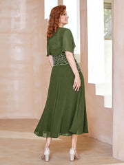 Robe à Encolure Carrée en Mousseline Longueur de Mollet avec Perles Olive Verte