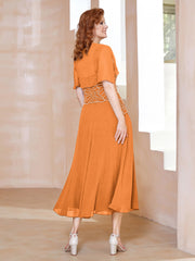 Robe à Encolure Carrée en Mousseline Longueur de Mollet avec Perles Orange