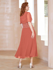 Robe à Encolure Carrée en Mousseline Longueur de Mollet avec Perles Papaye