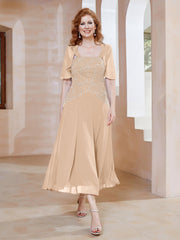 Robe à Encolure Carrée en Mousseline Longueur de Mollet avec Perles Pêche