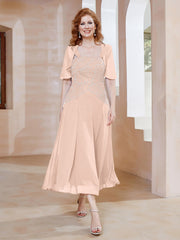 Robe à Encolure Carrée en Mousseline Longueur de Mollet avec Perles Rose Perle